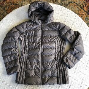Heat Keep Down Filled Hooded Puffer Jacket Women's Small Gray Packable Gorpcore